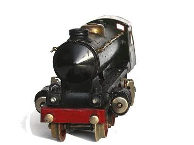 Märklin E 1050, Dampflokomotive, Uhrwerk, 2 B, dunkelgrün, mit 3-achsigem, gruenem Tender