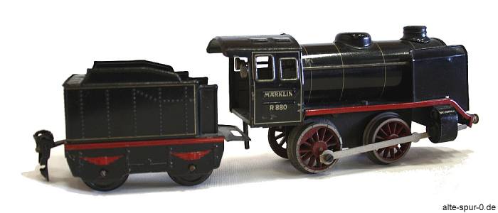 Märklin R 880, Dampflokomotive, Uhrwerk, 2-achsig, schwarz, mit 2-achsigem, schwarzem Tender