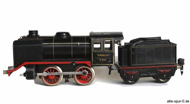 Märklin R 890, Dampflokomotive, Uhrwerk, 2-achsig, schwarz, mit 2-achsigem, schwarzem Tender