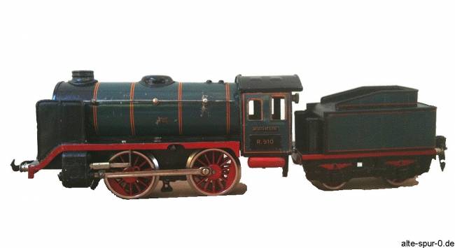 Märklin R 910, Dampflokomotive, Uhrwerk, 2-achsig, olivgruen, mit 2-achsigem, schwarzem Tender