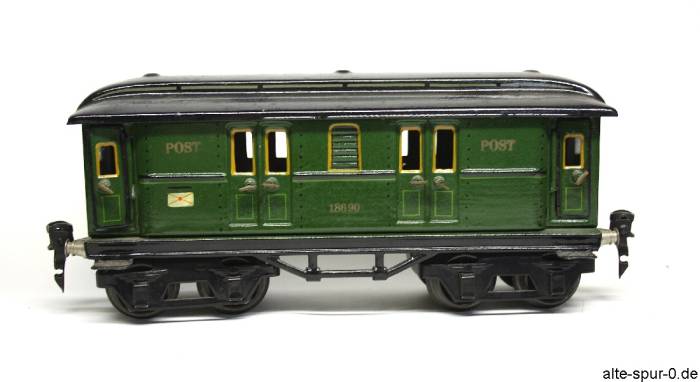 Märklin Postwagen, 4-achsig, grün, Schriftzug für Wagennummer mittig, alte Spur 0